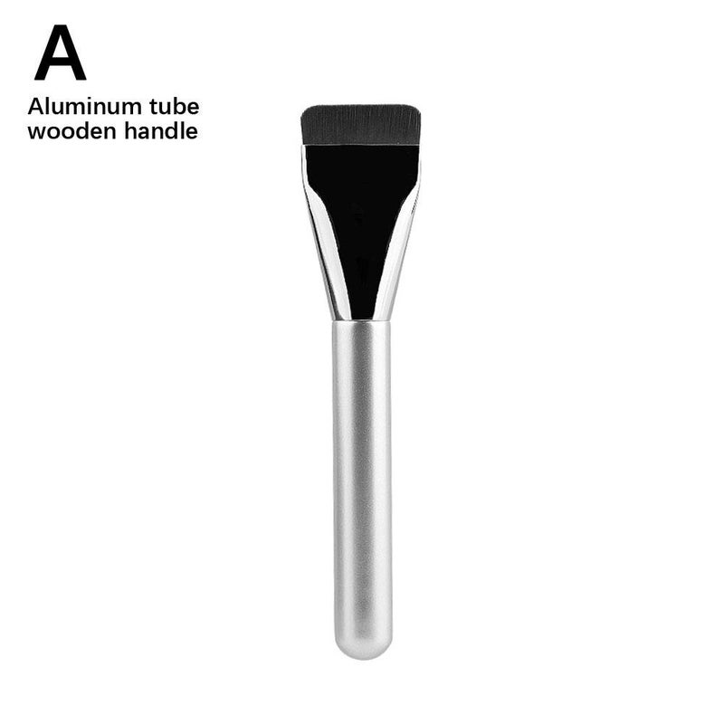 Flat-top foundation brush with lightweight concealer, aluminum tube and wooden handle.